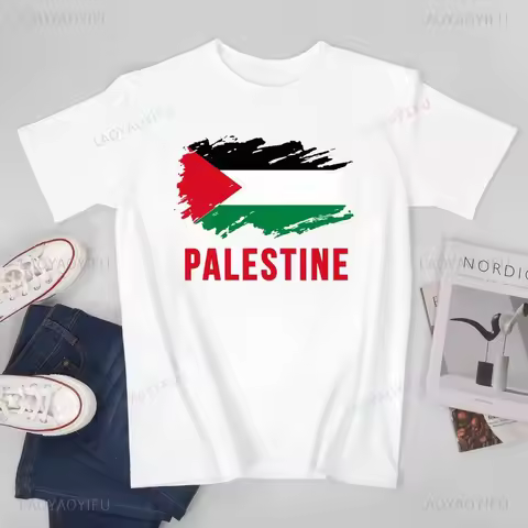 Classic Unisex Men Vintage Palestine Flag Printed T-shirt Casual Loose Tees T Shirts Women Summer Ou