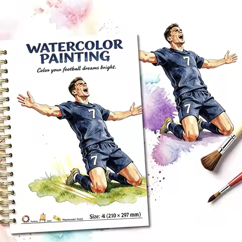 Spiral Bound A4 Football Themed Watercolor Sketchbook, 180gsm Thick Paper, 12 Soccer Player Illustra