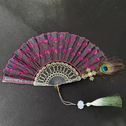 Black Handle Lace Folding Fan Embroidery Sequin Length: about 35cm Cheongsam Show Live Fan with Pend