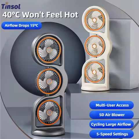 TINSOL Portable Three-Head Fan, 360° Wind Direction Adjustment, Five-Speed Wind, Dormitory and Outdo
