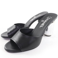 全新未使用香奈兒 (CHANEL) G45358 Coco Mark 鏡面高跟皮革涼鞋/穆勒鞋，黑色/銀色，37碼，附原廠鞋盒和防塵袋，義大利製造