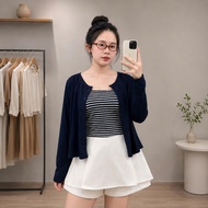 Women's Big Size Long-Sleeved Cardigan T-shirt Outerwear with Plaid/Plain T-shirt -(A310+G118/A356)