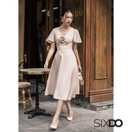 Đầm be cổ V dáng xòe phối hoa SIXDO (Dark Orangish Beige Midi Woven Dress With Flower)
