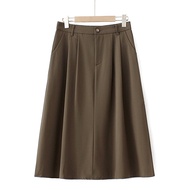 ขนาดใหญ่ Big Size XL-4XL Womens Solid Color Pleated Black Coffee Midi Skirts Ladies Elegant Office-w