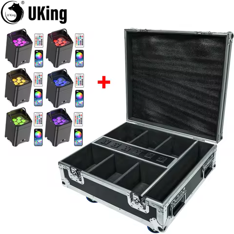 U'King 6Pcs 6X18W RGBWA+UV LED Par Lights Buit-in 8800mA Battery And Rechargeable Flightcase Set For