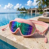 Iridescent Mirror Lens Big Frame Swim Goggles With Attached Earplugs - Wide View Anti-Fog UV Protect