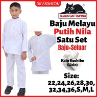 BLACK CAT Set Baju Melayu Sepasang Putih Nila Kain Koshibo Licin Baju dan Seluar Sekolah Agama Combo