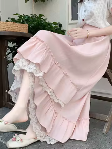 Elegant Pink Lace Trim A-Line Skirt – Summer Women's Asymmetrical Flared Hem Maxi Swing Skirt with D