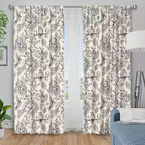 Floral Bird Curtains Black White Pattern Elegant Home Decor Living Room Bedroom Window Treatment Vin