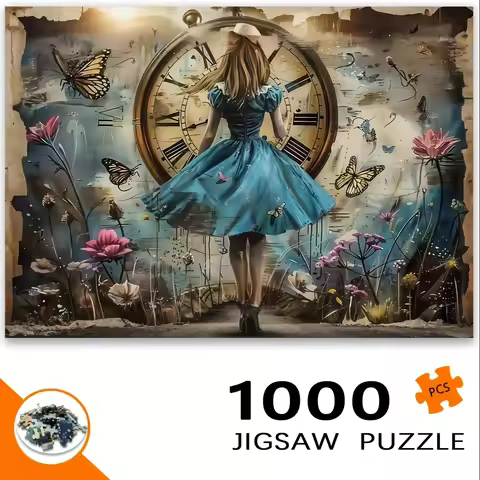 1000pcs Jigsaw Puzzle - Enchanting Clock Girl Scene with Retro Blue Dress, Floral Butterflies & Vint
