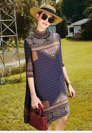 Miyake คอเต่าชุดผู้หญิงแบบจับจีบผู้หญิงอารมณ์ชุดพิมพ์ลายสายขนาดพิเศษวินเทจเสื้อผ้าอินดี้60367