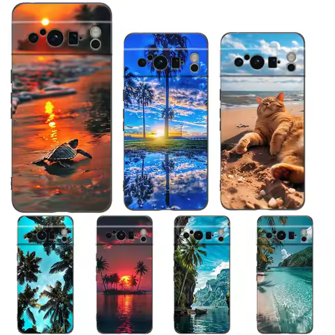 Summer Beach Scene at Sunset on sea Palm Tree Phone Case For Google Pixel 9 8 7 6 Pro XL 8A 7A 6A TP