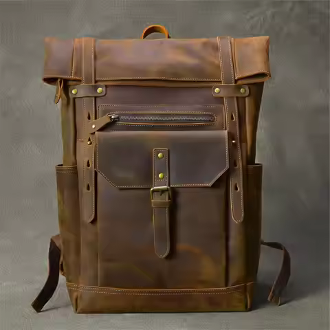 Retro Genuine Leather Men's Backpack Large Hiking Bagpack Bag Crazy Horse Leather Travel Backpack Ma