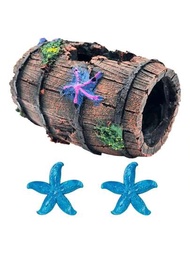 海星破桶裝飾樹脂鬥魚缸用品魚缸飾品，可用於魚穴隱藏魚缸裝飾，破桶 x 1，藍色海星魚裝飾 x 2