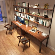 實木書桌書架書櫃一體組合雙人桌上型電腦桌家用臥室靠牆收納學習桌