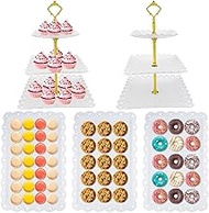 5 Pcs Cupcake Stand Set, Dessert Table Display Set with 2xSquare 3-Tier Cake Stands Holder + 3X Appe