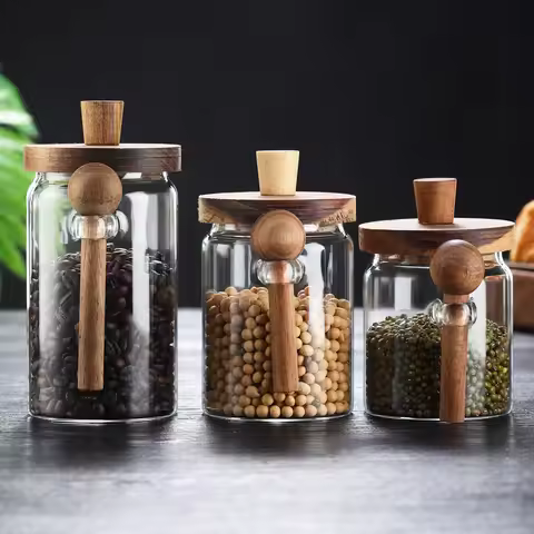 Set of 3 Glass Coffee Jars with Spoons, Airtight Coffee Bean Canisters | Coffee Bar Organizer, Coffe