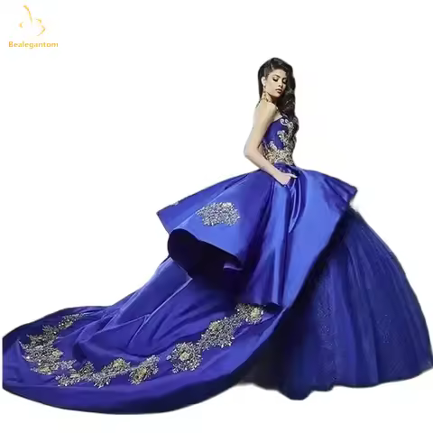Bealegantom Royal Blue Gold Lace Quinceanera Dresses Ball Gown for 15 Year Beaded Sweet 16 Prom Part