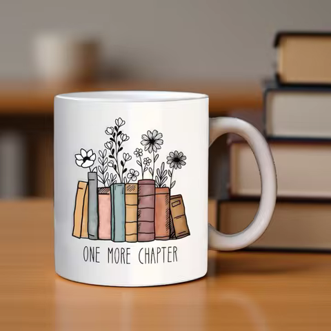 Ceramic floral design coffee cup and fun book "Another Chapter", a double-sided gift for book lovers