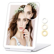 可充電旅行化妝鏡，72顆LED燈，便攜式照明美容鏡，3色光源，觸控調節亮度，配10倍放大鏡，白色小圓鏡