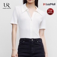 URBAN REVIVO Cotton Short sleeve V-neck Polo Crop Top Cropped slim fit for Woman Girl office style