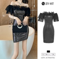 ZY.HT EraVogue เดรสผู้หญิง เดรสสีดำ เดรสปาดไหล่ เดรสผ้าเลื่อม ชุดราตรี เดรสไฮโซ เดรสออกงาน เดรสเซ็กซ