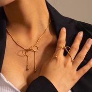Uworld  Design Bow Knot Ring Necklace Earrings 18k Gold Plated Stainless Steel Clean Fit Daily Jewelry Sets For Women 키링 목걸이