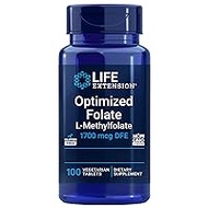 Life Extension Optimised Folate, 5-MTHF, High Dose, 100 Vegan Tablets, Laboratory Tested, Vegetarian, Gluten Free, Soy Free, GMO Free