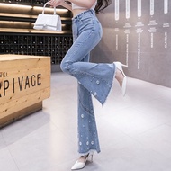 Jeans Women's Heavy Industry Nailed Beads with Diamonds Flare Pants Spring牛仔裤女重工钉珠镶钻喇叭裤春高腰显瘦毛边九分微喇裤垂