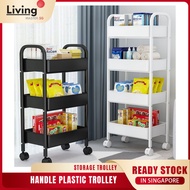 Plastic Handle Trolley 3 / 4 Tier Plastic Shelf Trolley Rack Storage Rack With Wheel Kitchen Trolley Ready Stock