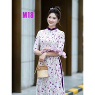 Nguyet Cat purple flower ao dai printed with 6D Japanese silk fabric_ Code M18