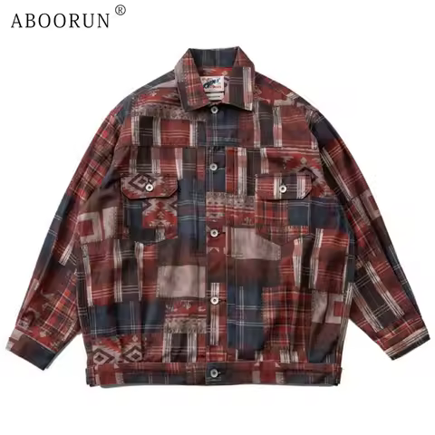 ABOORUN Men Retro Denim Jackets National Printed Jean Coats Streetwear for Male