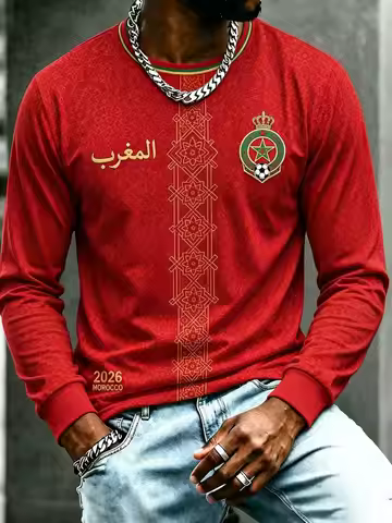 2026 Morocco Supporter Football Long Sleeve Tee, Red Letter Print Quick Dry Casual Sports Jersey Uni