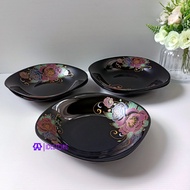 6 Pcs 9 Inch  Black Opal Glass  Multi Purpose Soup Plate Floral Elegant Design  Pinggan Mangkuk Ping