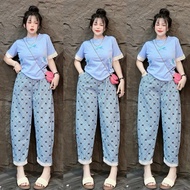 Set Bộ Tăm Lạnh Đính Nơ Phối Viền Ren Quần Baggy- HN CLOSET