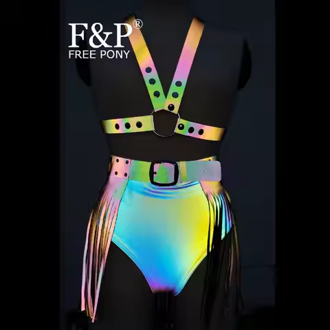 Rainbow Reflective Leather Harness Outfits Fringe Clothing Burning Man Festival Costume Gogo Pole Da