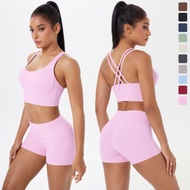 Nessaj Women Sports Set Cross Sports Bra Three Leg Pants Set Gym Training Prati Yoga Clothes 2-piece