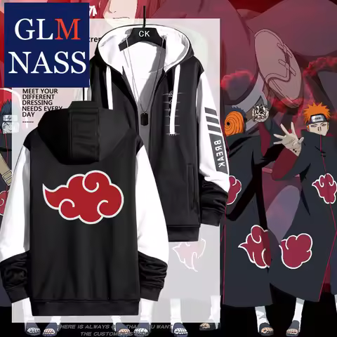Naruto Merchandise Akatsuki Red Cloud Print Windbreaker Jacket Anime Cosplay Hooded Coat Unisex Stre