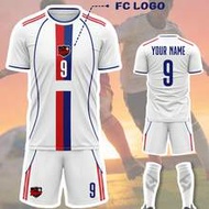 2pcs Customizable Lyon Home White Football Set (Jersey & Shorts), Red & Blue Vertical Striped Jersey