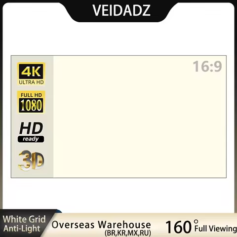 VEIDADZ Projector Screen 60 72 84 100 120 130 in White Grid Anti-Light 160° Viewing Angle Reflective