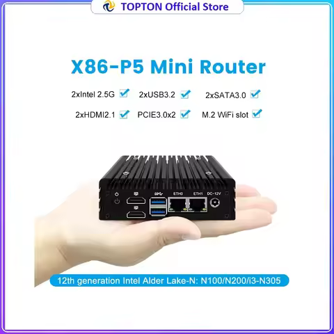Topton P5 12th Gen Firewall Mini PC Intel i3 N305 N150 N100 DDR5 Fanless NAS Computer NVMe 2xi226-V 
