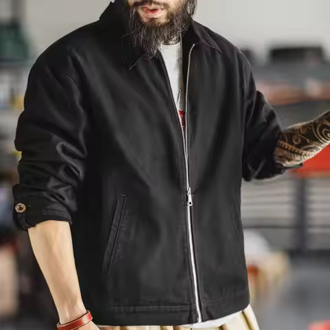 Maden Men's Vintage IKE Jacket Heavyweight Black Cotton full Zip Coat Collar Casual Outdoor Mountain