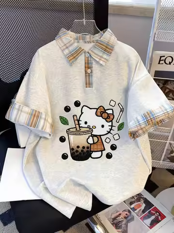 2026 Summer Hello Kitty Bubble Tea Print Women's Polo Shirt Quick Dry Comfortable Collar Oversized C