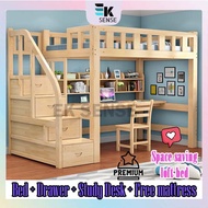 Solid Wood Kids Loft Bunk Bed Frame Study Table Wardrobe Set Katil Kayu 2 Tingkat Budak Meja Loteng 