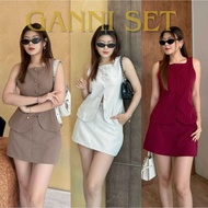 Ganni Set: 2-Piece Set Short Skirt Minimalist Cafe Korean Long Tank Top Cute With BETTY Skirt.