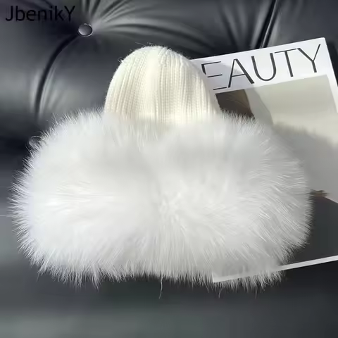 Women Real Fox Fur Hats Winter Elastic Luxury Fur Caps Knitted Lined Genuine Raccoon Fox Fur Beanies