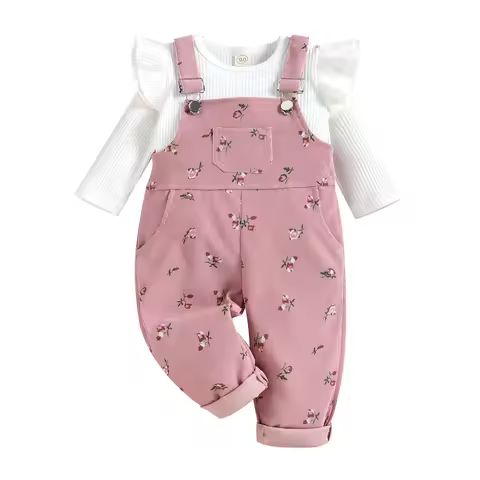 Pudcoco 2 Pieces Kids Suit Set, Solid Color O-Neck Long Sleeve Tops+ Floral Print Suspender Trousers