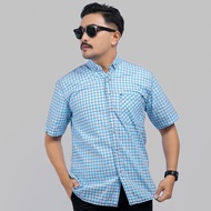 DGM Kemeja Pendek Kemeja Pria Yarndyed Pendek Kotak Kemeja Yarn Dyed Kotak Kecil Putih Garis Biru Mu