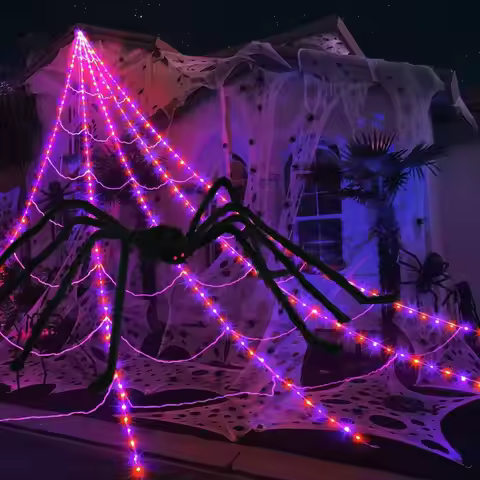 8 Modes Halloween Spider Web Lights Glow Waterproof Luminous Halloween Spider 5m Triangle Scary Gian