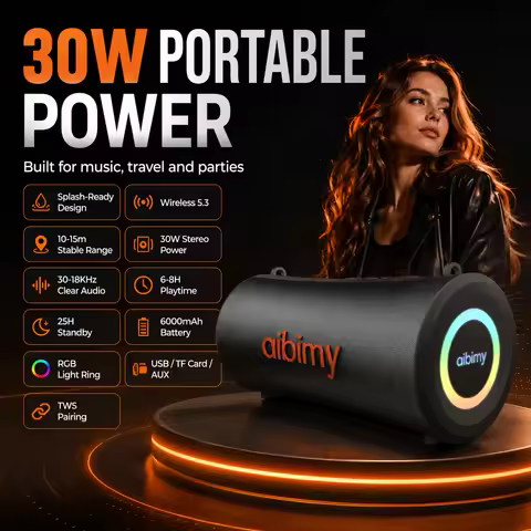 Aibimy MY275BT PRO BT Speaker, 30W Stereo Portable Wireless Audio, RGB Colorful Lights, 6000mAh Larg